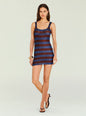 Model wearing a blue and brown striped metallic knit mini dress thumbnail image 1 of 6