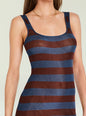 Close up of a Benni metallic knit striped dress in blue and brown with wide straps and layered gold necklaces thumbnail image 3 of 6