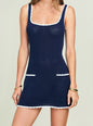 Close-up of navy Brianna Crochet Mini Dress showing white trim at neckline and hem against a light backdrop. thumbnail image 2 of 5