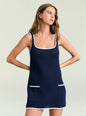 Brianna Crochet Mini Dress navy crochet with white trim worn by a model thumbnail image 5 of 5
