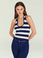 Model in navy and white striped knit tank top with halter neckline and matching navy pants thumbnail image 1 of 6