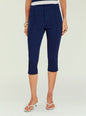 Navy Samra Capri pant worn by a model with a wide waistband and front seam details, cropped to mid calf thumbnail image 1 of 5