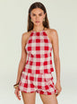Red and pink gingham halter top on a model. thumbnail image 1 of 5