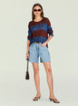 Hana Metallic Knit Top worn by a model in burgundy and navy stripes with light wash denim shorts. thumbnail image 2 of 5
