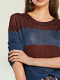 Hana Metallic Knit Top close up of burgundy metallic knit with a blue horizontal stripe thumbnail image 3 of 5