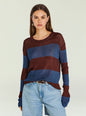 Front view of Hana Metallic Knit Top on a model with burgundy and blue stripes paired with light denim shorts. thumbnail image 1 of 5