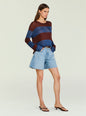 Hana Metallic Knit Top in burgundy and blue stripe worn with light denim shorts and a belt thumbnail image 4 of 5