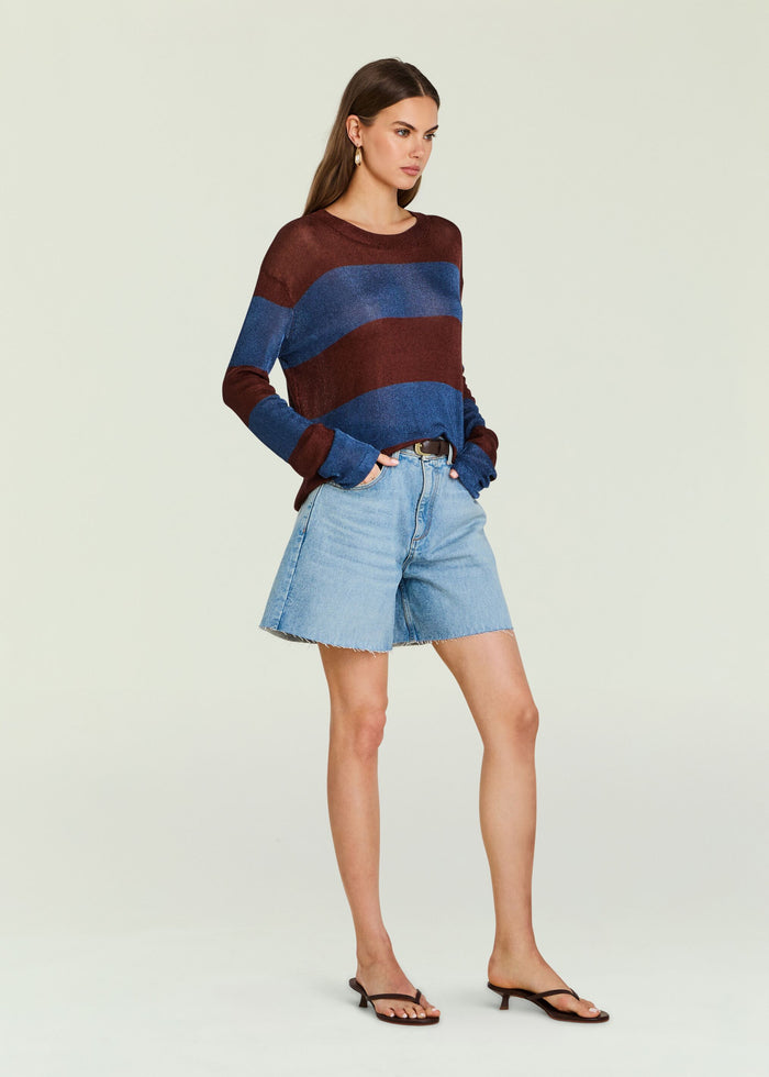 Hana Metallic Knit Top in burgundy and blue stripe worn with light denim shorts and a belt