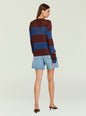 Back view of Hana Metallic Knit Top in burgundy and blue stripes worn with denim shorts thumbnail image 5 of 5