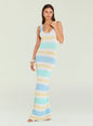Model wearing a sleeveless pastel striped knit dress with light blue trim. thumbnail image 5 of 5