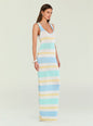 Side profile of a model in a pastel striped Jasmine Knit Dress with silver hoop earrings and layered necklace thumbnail image 3 of 5