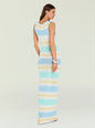 Side back view of a pastel striped sleeveless knit maxi dress on a model thumbnail image 4 of 5