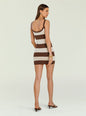 Back view of a sleeveless brown and beige striped knit mini dress on a model thumbnail image 5 of 6