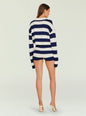 Back view of model in navy and white striped Kel Knit Hot Short set with cropped sweater and high waisted shorts thumbnail image 4 of 5