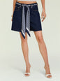 Dark denim Sabrina boyfriend shorts with a blue patterned scarf belt tied at the waist thumbnail image 1 of 6