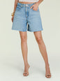Light wash Sabrina Boyfriend Short with frayed hem worn with a cropped top thumbnail image 1 of 5