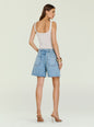 Back view of a model wearing Sabrina Boyfriend Short in light wash denim with a frayed hem thumbnail image 5 of 5