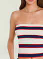 Close-up of Theodora Knit Top strapless navy white red striped knit top on the model thumbnail image 3 of 5