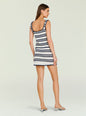 Back view of model in navy and white striped crochet Natalina top and skirt showing the scoop back thumbnail image 5 of 5