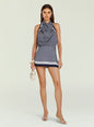 Front view of the Winny Mini Dress in navy and white print with halter neck and draped front. thumbnail image 6 of 6