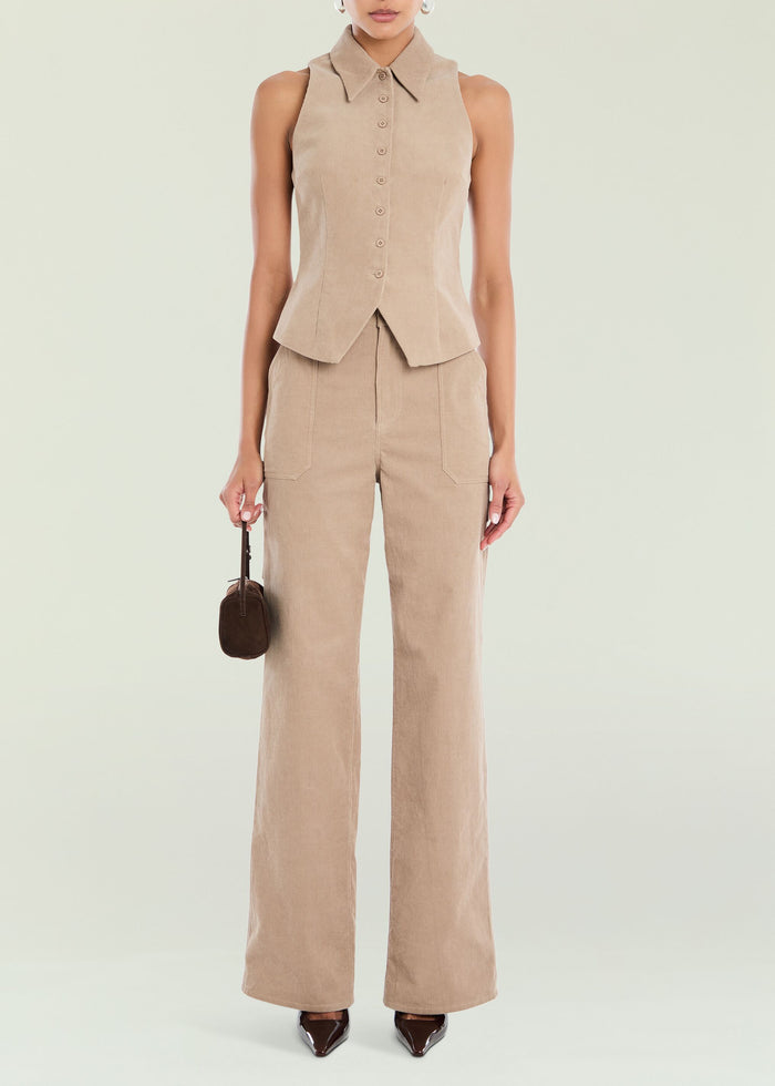 Beige corduroy Terri Pant set featuring a sleeveless collared top and wide-leg pants with front pockets.