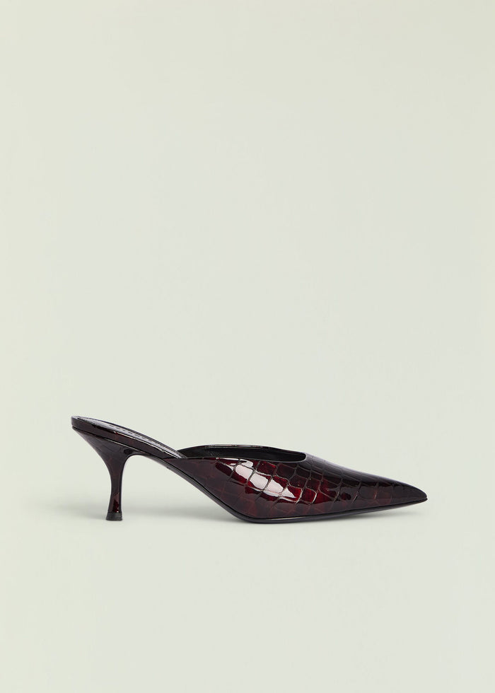 Maroon crocodile-embossed Bonnie Leather Mule with pointed toe and slender heel