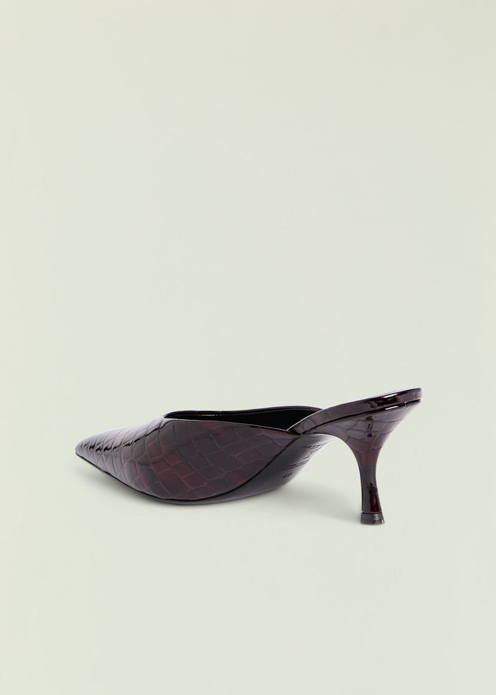 Dark burgundy crocodile-embossed Bonnie Leather Mule with pointed toe and slender heel