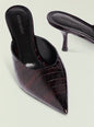 Bonnie Leather Mule close up of burgundy crocodile embossed leather with a pointed toe and slender stiletto heel thumbnail image 4 of 5