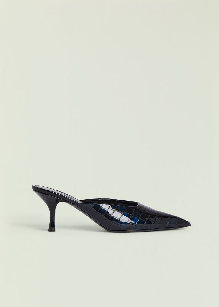 Side view of a burgundy crocodile embossed Bonnie Leather Mule with pointed toe