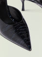 Close-up of glossy black croc-embossed Bonnie mule highlighting the pointed toe and glossy finish thumbnail image 4 of 5