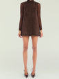 Carina Suede Mini Dress in chocolate brown featuring a high neck and sheer long sleeves on a model thumbnail image 5 of 5