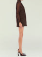 Side view of Carina Suede Mini Dress in dark brown worn over a ribbed long sleeve top. thumbnail image 3 of 5
