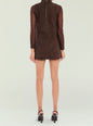 Back view of Carina Suede Mini Dress in dark brown with a center back zipper. thumbnail image 4 of 5