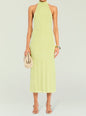 Model wearing lime green Carli midi dress with halter neck and gold jewelry thumbnail image 1 of 5