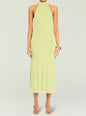 Front view of Carli Midi Dress in lime green with a high halter neckline and midi length. thumbnail image 5 of 5