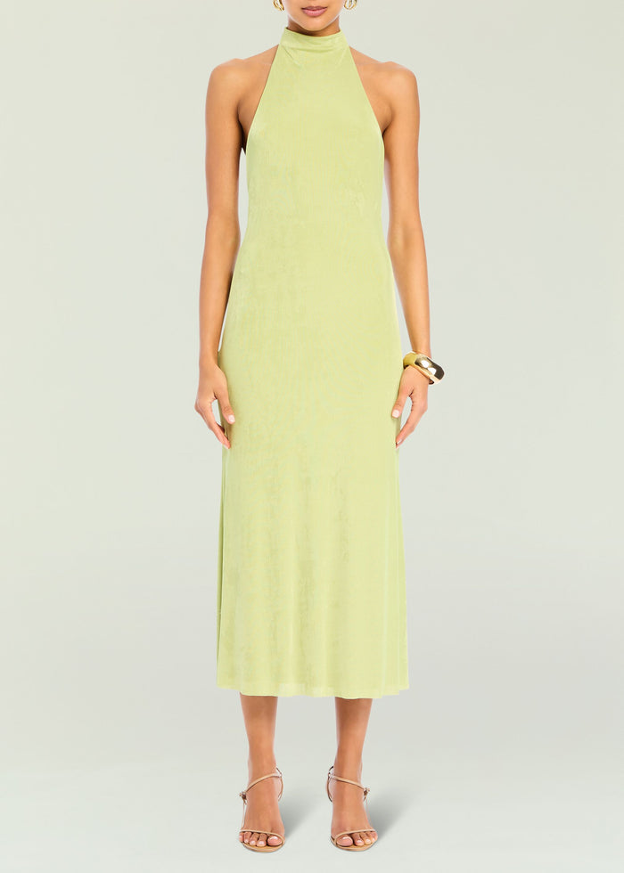 Front view of Carli Midi Dress in lime green with a high halter neckline and midi length.