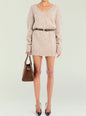 Beige fuzzy knit Daniela Sweater Dress with a V neck and belted waist, shown with a brown handbag. thumbnail image 1 of 5