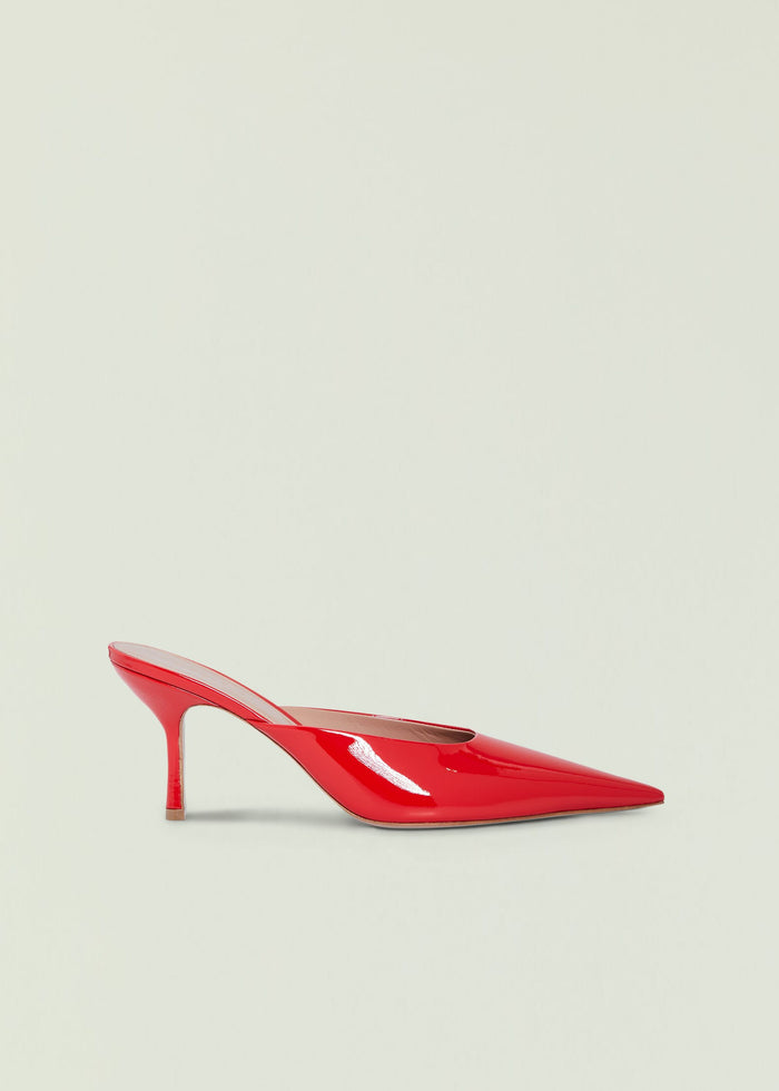 Red Daphne Leather Mule with pointed toe and high stiletto heel in profile
