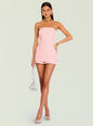 Front view of pink Terry Boucle Romper on a model, strapless textured bodice and matching shorts with gold accessories thumbnail image 5 of 5