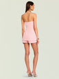 Back view of pink Terry Boucle Romper with strapless textured bodice and short shorts on a model thumbnail image 4 of 5