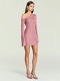 Saddler metallic knit mini dress in pink with off shoulder neckline and long sleeve on one arm worn by a model thumbnail image 3 of 5