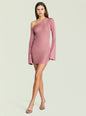 Saddler metallic knit one shoulder mini dress in dusty pink worn by a model with a long sleeve on the left and a bare right shoulder thumbnail image 1 of 5