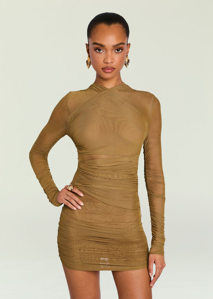 SEROYA Moxey Ruched Mesh Mini Dress in Olive