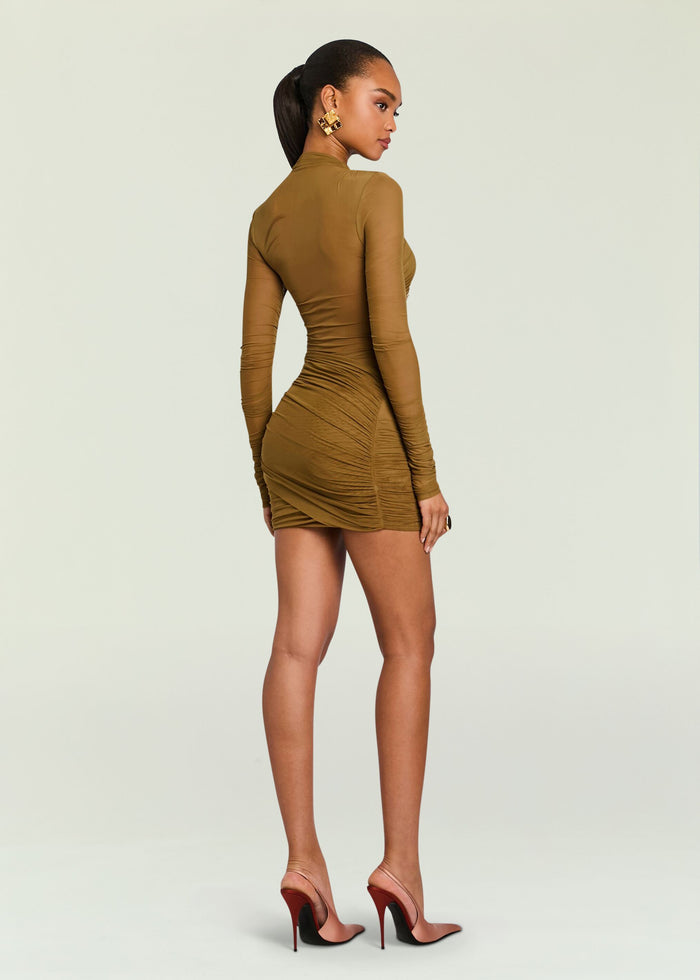 Moxey Ruched Mesh Mini Dress