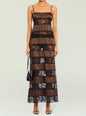 Front view of Faye Maxi Dress featuring brown satin with black lace bands and slender straps. thumbnail image 5 of 5