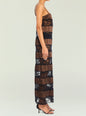 Side view of a model in the Faye Maxi Dress showing brown satin and black lace panels and strappy sandals. thumbnail image 3 of 5