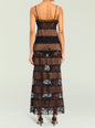 Back view of Faye Maxi Dress in brown satin with black lace panels and thin straps. thumbnail image 4 of 5