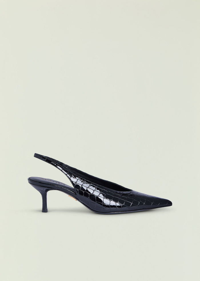 Isobel slingback heel in black crocodile-embossed leather with pointed toe and slim heel