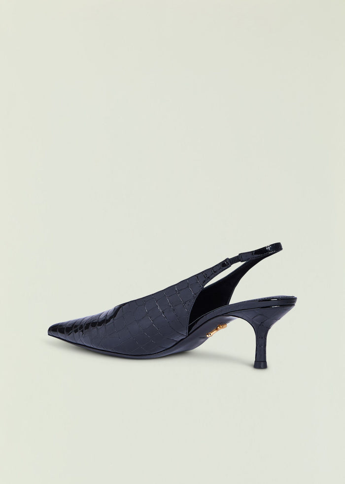 Isobel slingback heel close-up showing glossy crocodile-embossed strap and pointed toe