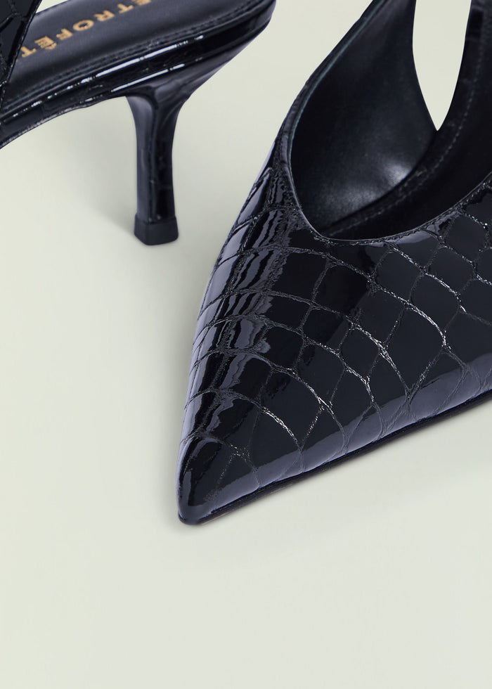 Navy patent slingback heel with crocodile embossed texture and pointed toe